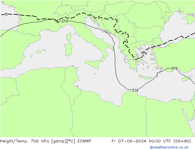 Geop./Temp. 700 hPa ECMWF vie 07.06.2024 00 UTC