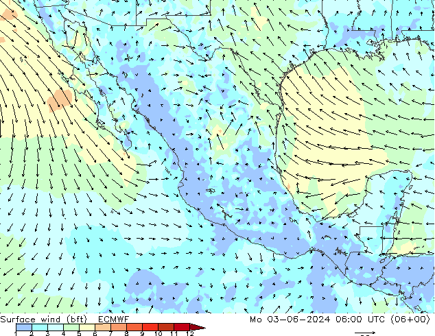 Viento 10 m (bft) ECMWF lun 03.06.2024 06 UTC