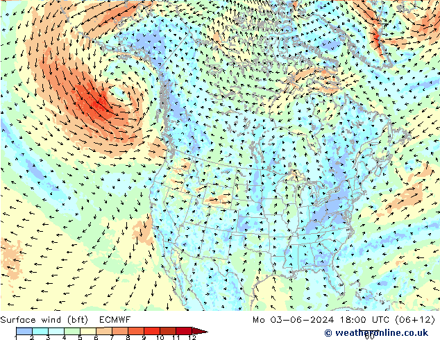 Vento 10 m (bft) ECMWF lun 03.06.2024 18 UTC