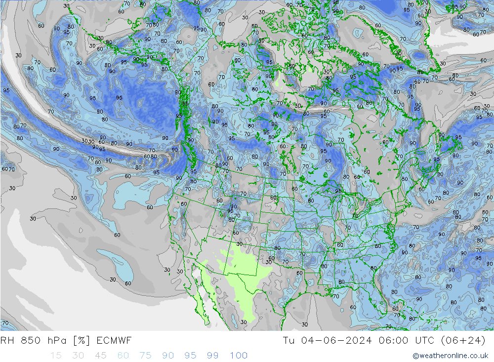 RH 850 hPa ECMWF 星期二 04.06.2024 06 UTC