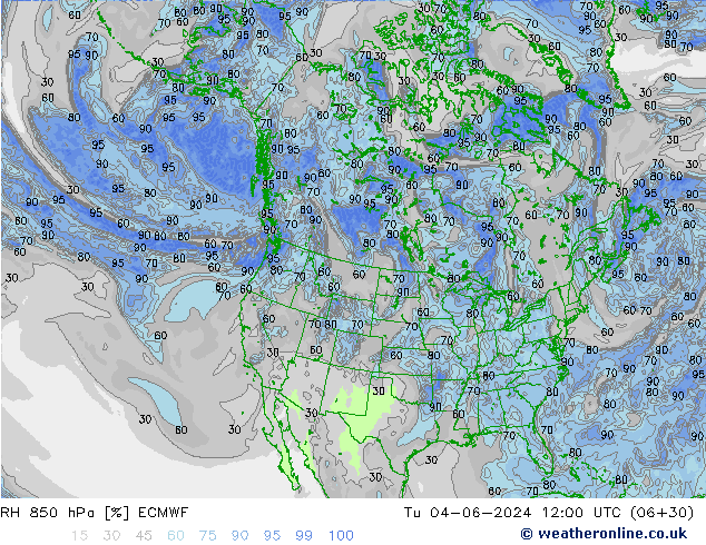 RH 850 hPa ECMWF Tu 04.06.2024 12 UTC