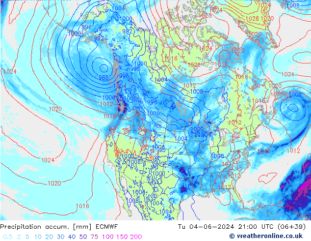 Precipitation accum. ECMWF Út 04.06.2024 21 UTC