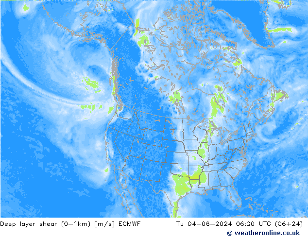 Deep layer shear (0-1km) ECMWF Di 04.06.2024 06 UTC