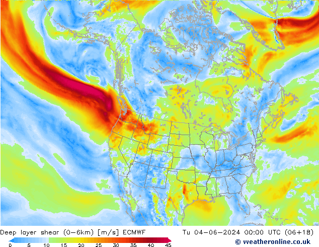 Deep layer shear (0-6km) ECMWF Tu 04.06.2024 00 UTC