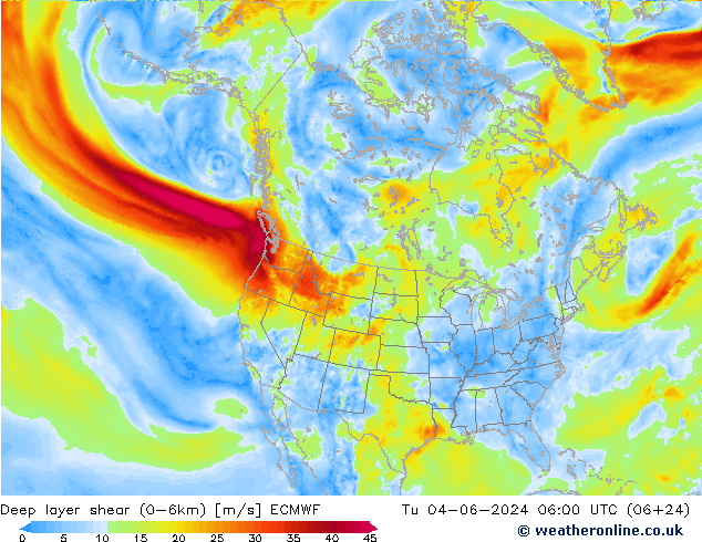 Deep layer shear (0-6km) ECMWF вт 04.06.2024 06 UTC