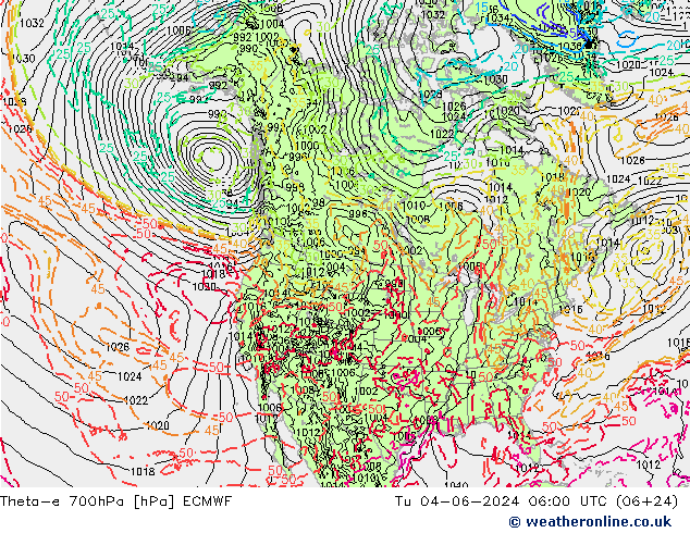 Theta-e 700hPa ECMWF mar 04.06.2024 06 UTC