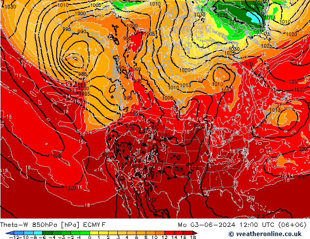 Theta-W 850hPa ECMWF pon. 03.06.2024 12 UTC