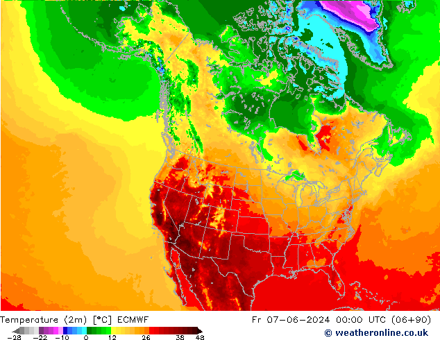 mapa temperatury (2m) ECMWF pt. 07.06.2024 00 UTC