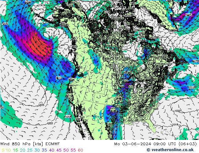 Rüzgar 850 hPa ECMWF Pzt 03.06.2024 09 UTC