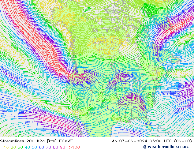 Linia prądu 200 hPa ECMWF pon. 03.06.2024 06 UTC