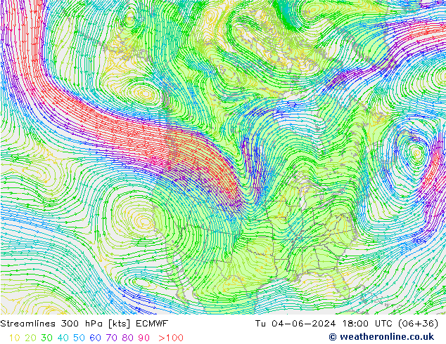 Stromlinien 300 hPa ECMWF Di 04.06.2024 18 UTC