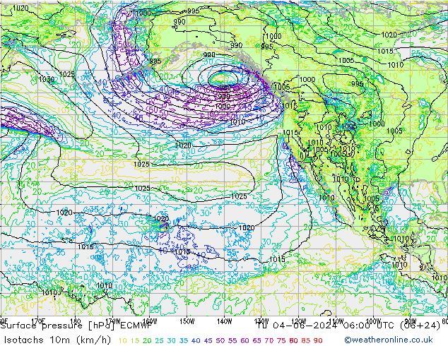 Isotachs (kph) ECMWF вт 04.06.2024 06 UTC