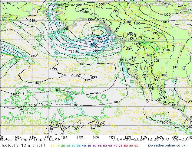 Isotachs (mph) ECMWF вт 04.06.2024 12 UTC