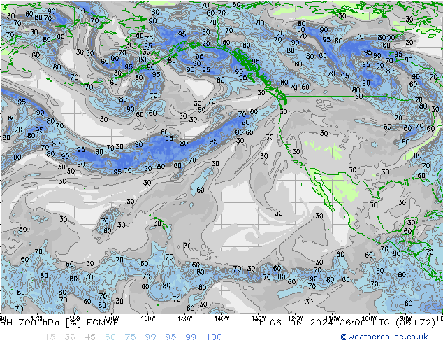 Humedad rel. 700hPa ECMWF jue 06.06.2024 06 UTC