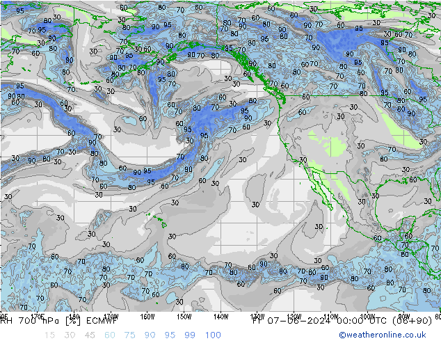 Humedad rel. 700hPa ECMWF vie 07.06.2024 00 UTC