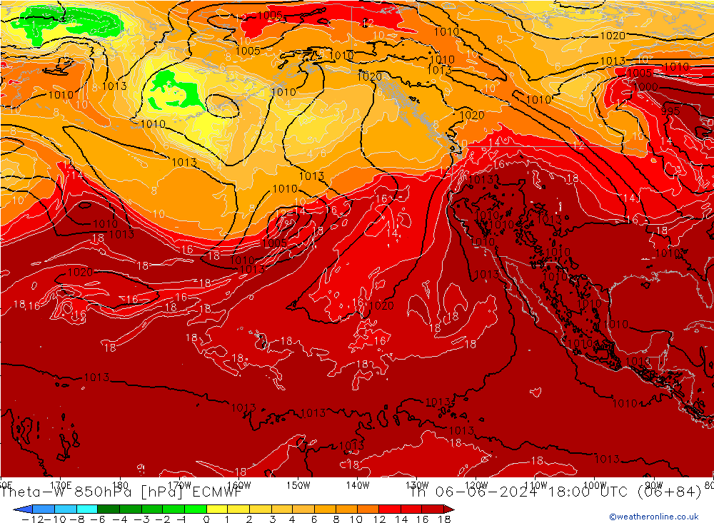 Theta-W 850hPa ECMWF jue 06.06.2024 18 UTC