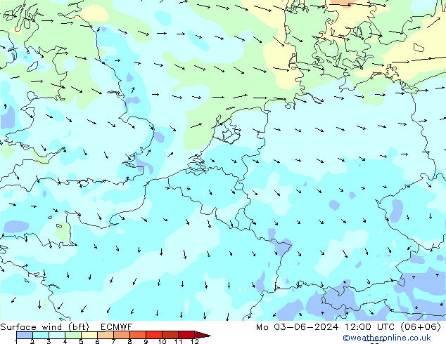 Surface wind (bft) ECMWF Mo 03.06.2024 12 UTC