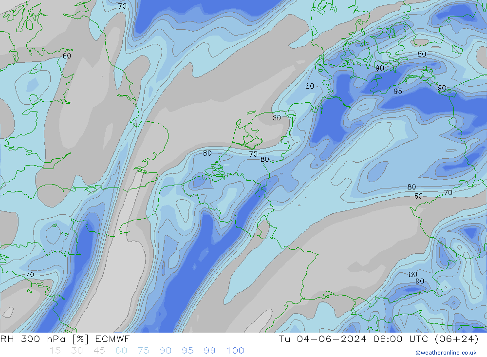 RH 300 hPa ECMWF 星期二 04.06.2024 06 UTC