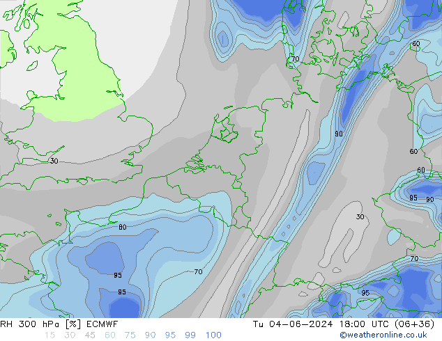 RH 300 hPa ECMWF Tu 04.06.2024 18 UTC