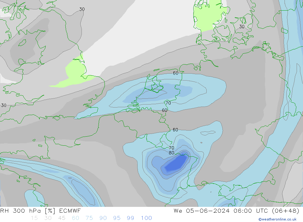 Humidité rel. 300 hPa ECMWF mer 05.06.2024 06 UTC