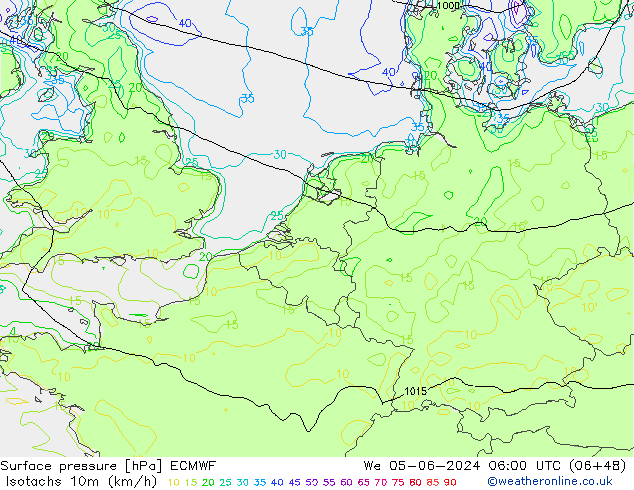 Isotachs (kph) ECMWF mer 05.06.2024 06 UTC