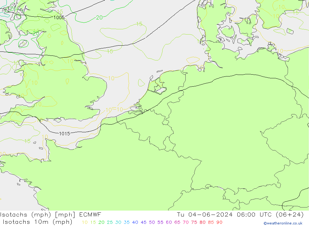 Isotachs (mph) ECMWF 星期二 04.06.2024 06 UTC