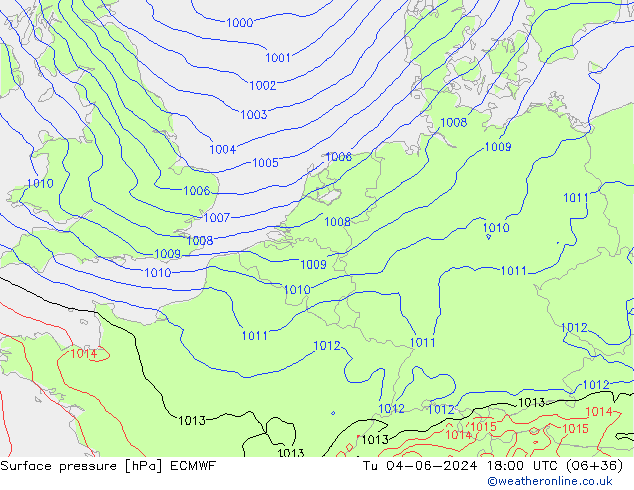 Surface pressure ECMWF Tu 04.06.2024 18 UTC