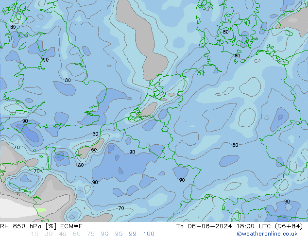 Humedad rel. 850hPa ECMWF jue 06.06.2024 18 UTC