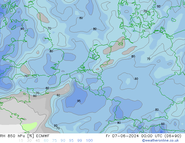 Humidité rel. 850 hPa ECMWF ven 07.06.2024 00 UTC