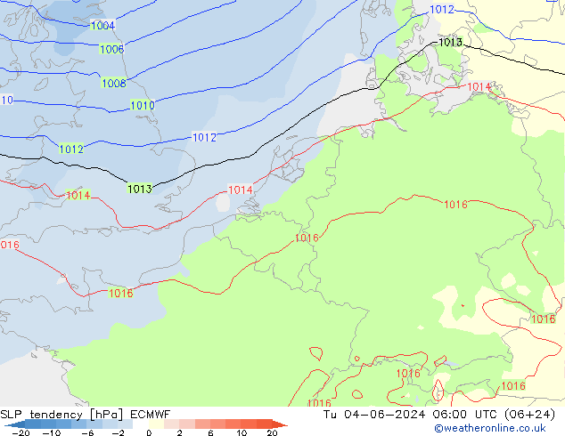 SLP tendency ECMWF Tu 04.06.2024 06 UTC