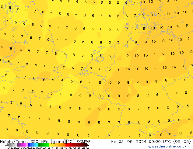 Height/Temp. 850 hPa ECMWF lun 03.06.2024 09 UTC