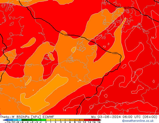 Theta-W 850hPa ECMWF Mo 03.06.2024 06 UTC