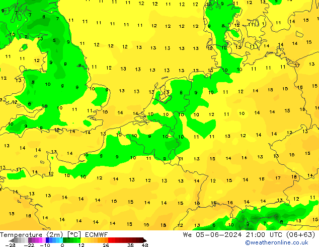 Temperatura (2m) ECMWF mié 05.06.2024 21 UTC