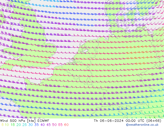 Wind 500 hPa ECMWF Th 06.06.2024 00 UTC