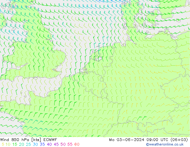 Vento 850 hPa ECMWF lun 03.06.2024 09 UTC