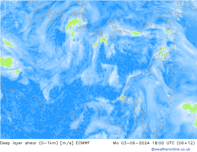 Deep layer shear (0-1km) ECMWF lun 03.06.2024 18 UTC