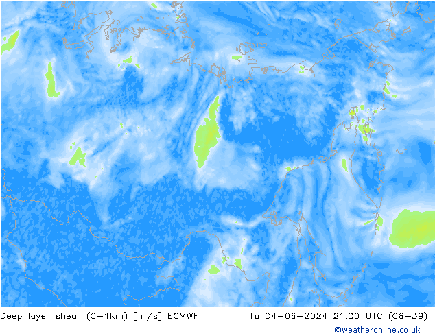 Deep layer shear (0-1km) ECMWF mar 04.06.2024 21 UTC