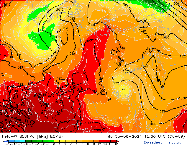 Theta-W 850hPa ECMWF Mo 03.06.2024 15 UTC