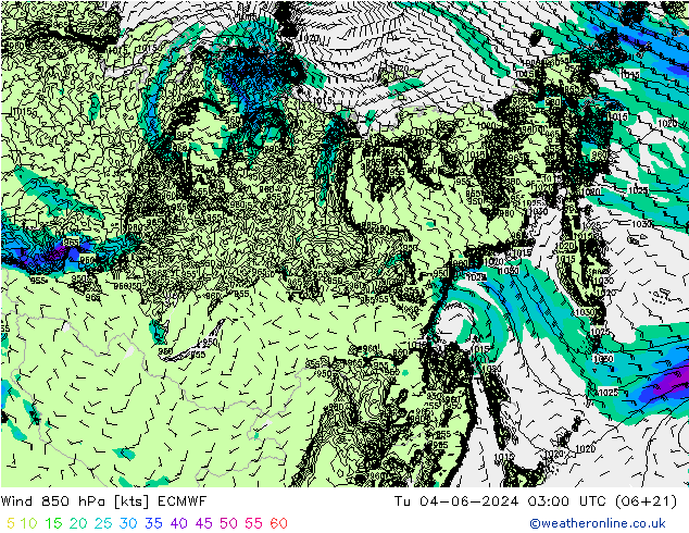 Wind 850 hPa ECMWF Út 04.06.2024 03 UTC