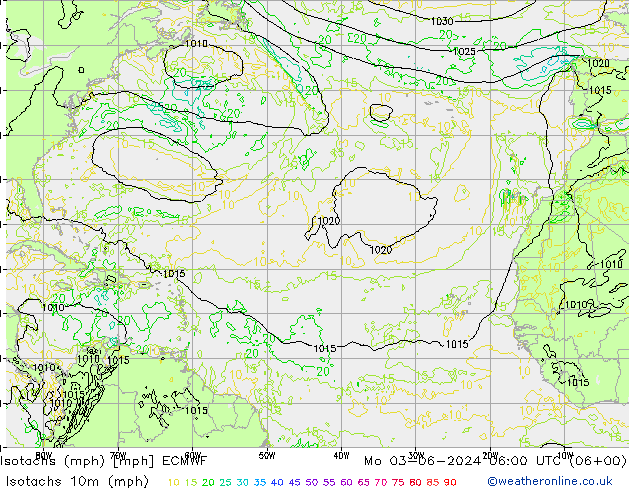 Izotacha (mph) ECMWF pon. 03.06.2024 06 UTC