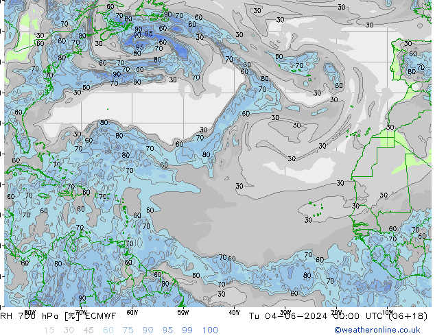 RH 700 hPa ECMWF Tu 04.06.2024 00 UTC