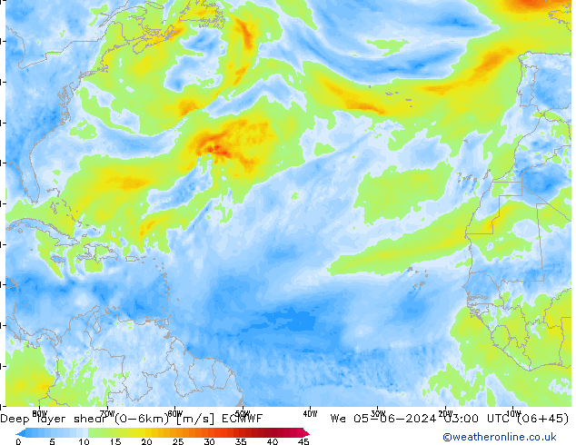 Deep layer shear (0-6km) ECMWF Mi 05.06.2024 03 UTC