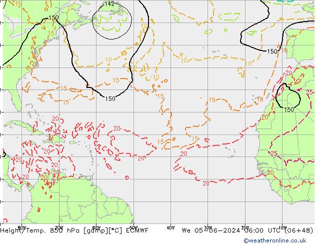 Géop./Temp. 850 hPa ECMWF mer 05.06.2024 06 UTC