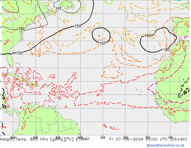 Hoogte/Temp. 850 hPa ECMWF vr 07.06.2024 00 UTC