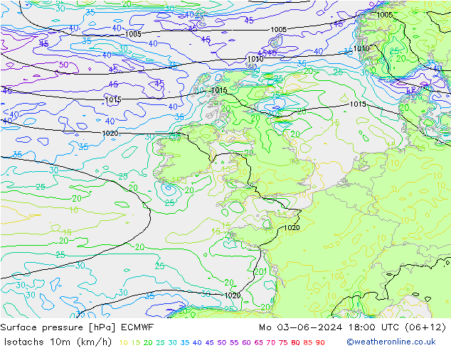 Isotachen (km/h) ECMWF ma 03.06.2024 18 UTC