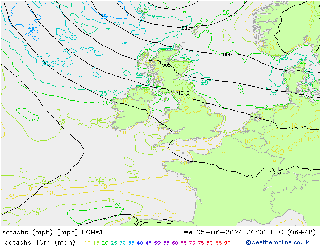 Isotachen (mph) ECMWF wo 05.06.2024 06 UTC