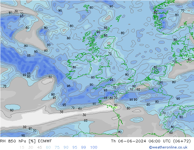 RH 850 hPa ECMWF gio 06.06.2024 06 UTC