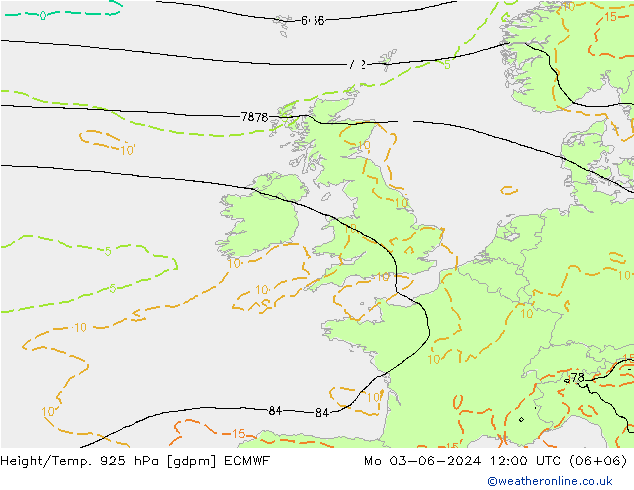 Height/Temp. 925 hPa ECMWF Mo 03.06.2024 12 UTC