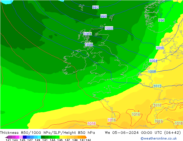 Dikte 850-1000 hPa ECMWF wo 05.06.2024 00 UTC