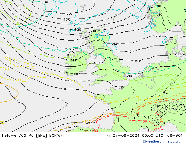 Theta-e 700hPa ECMWF vie 07.06.2024 00 UTC